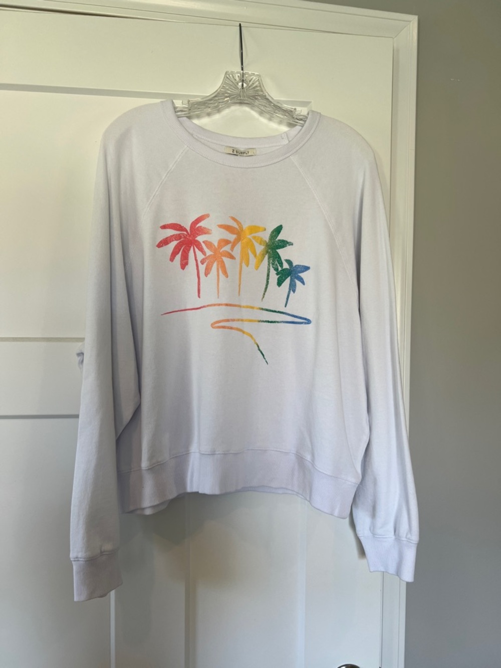 Z Supply White Crewneck Sweatshirt with Rainbow Palm Tree Graphic